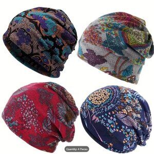Set of 4 Boho Floral Beanie Hats  Lightweight Cozy Autumn/Winter Headscarves